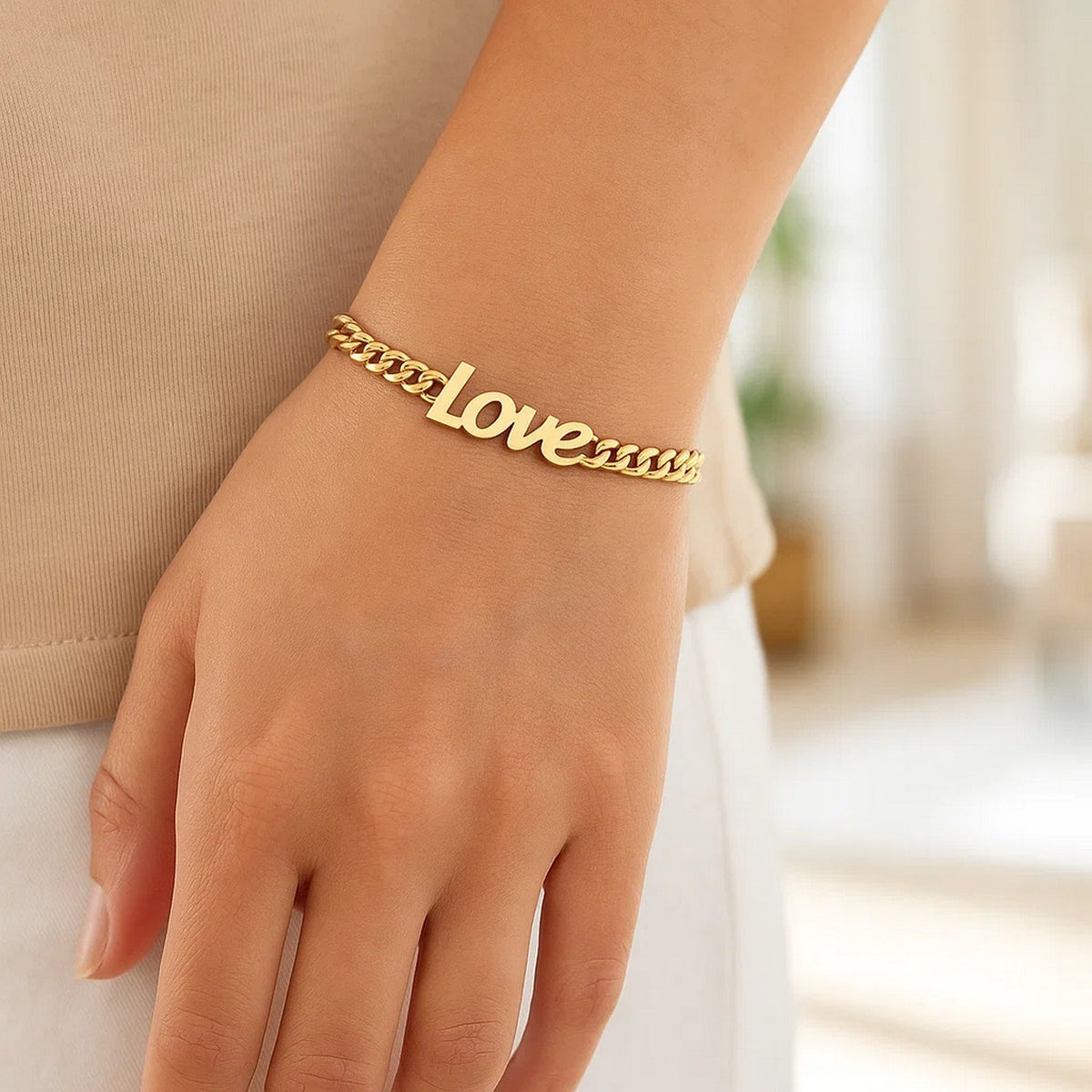 Script Love Curb Chain Bracelet in 14K Yellow Gold, worn