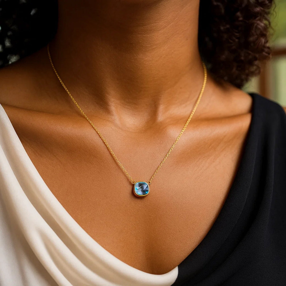 Cushion Blue Topaz Necklace in 14K Yellow Gold, worn