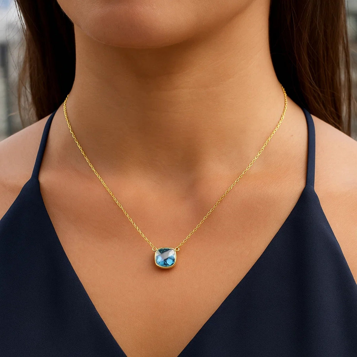 Cushion Blue Topaz Necklace in 14K Yellow Gold, worn