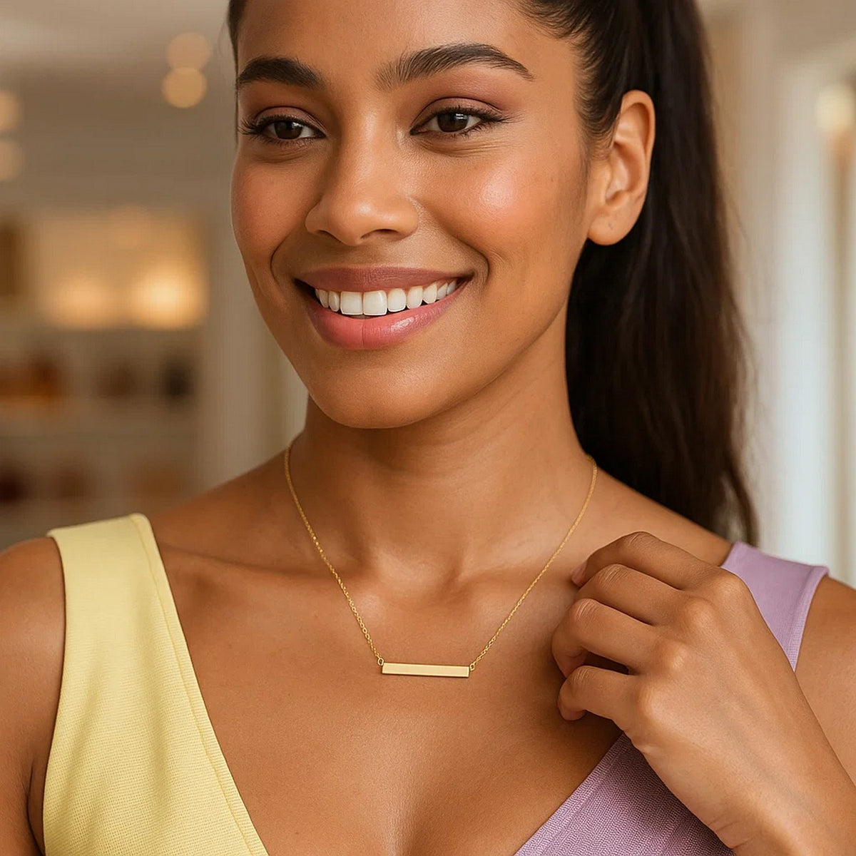 Slim Polished Bar Necklace in 14K Yellow Gold, worn