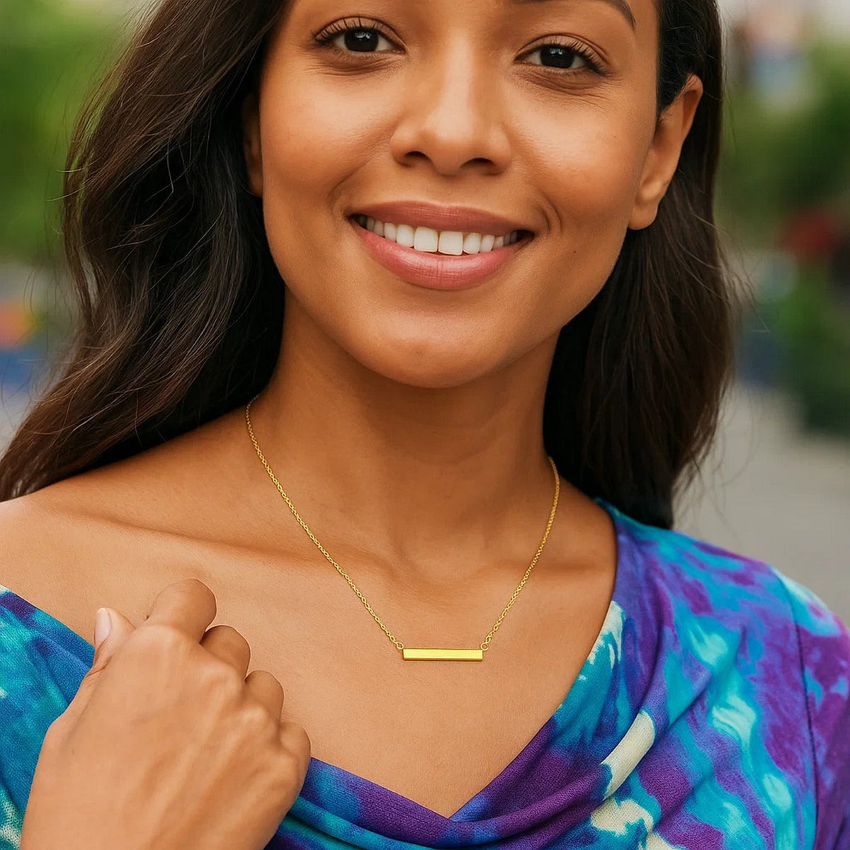 Slim Polished Bar Necklace in 14K Yellow Gold, worn