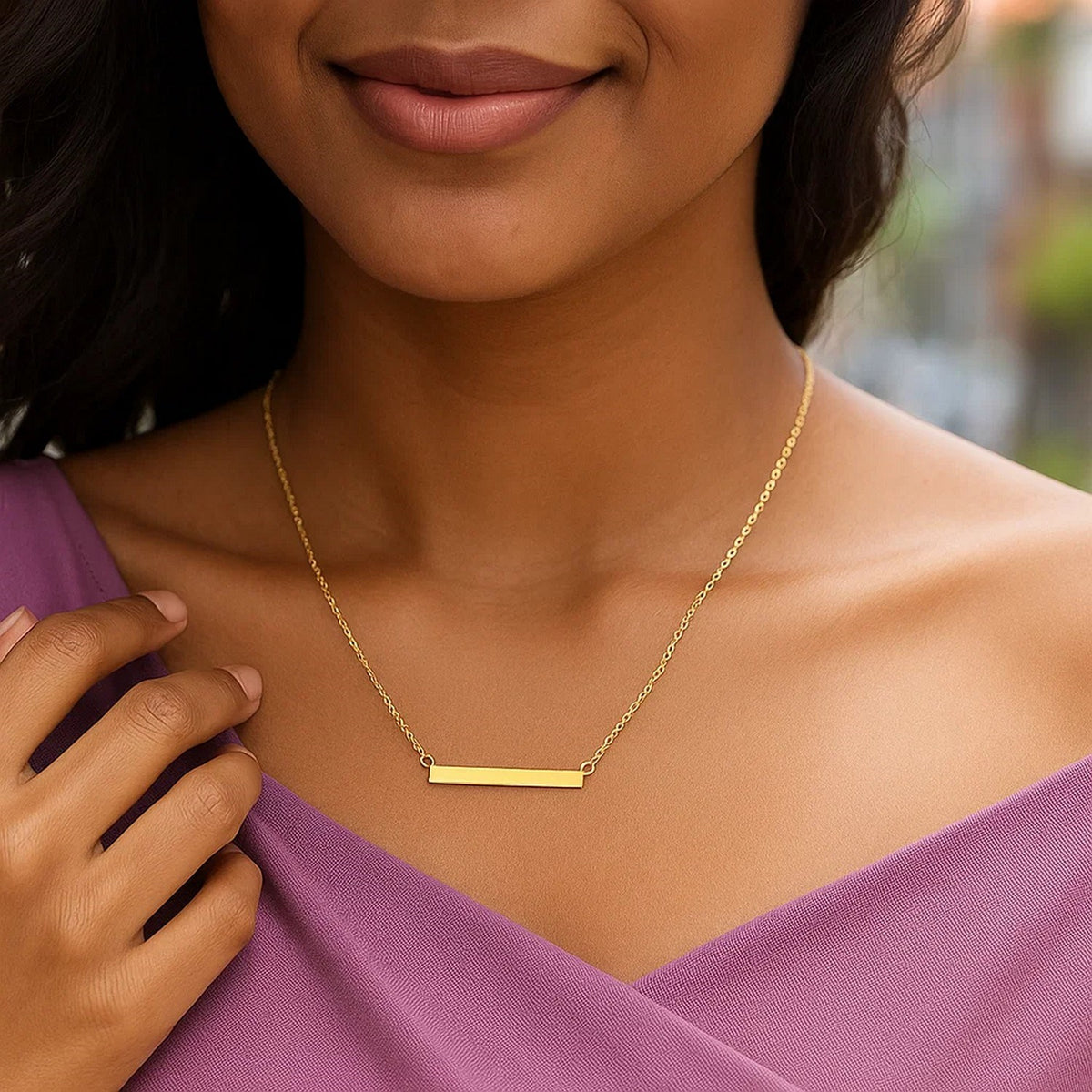 Slim Polished Bar Necklace in 14K Yellow Gold, worn