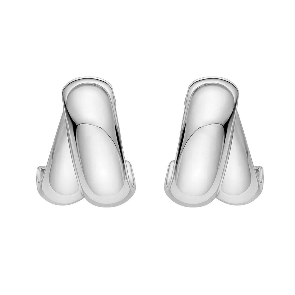 Puffed Double Row Crossover C-Hoop Earrings in Sterling Silver
