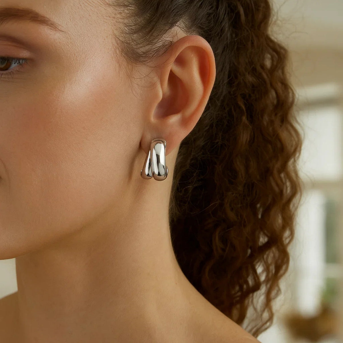 Puffed Double Row Crossover C-Hoop Earrings in Sterling Silver