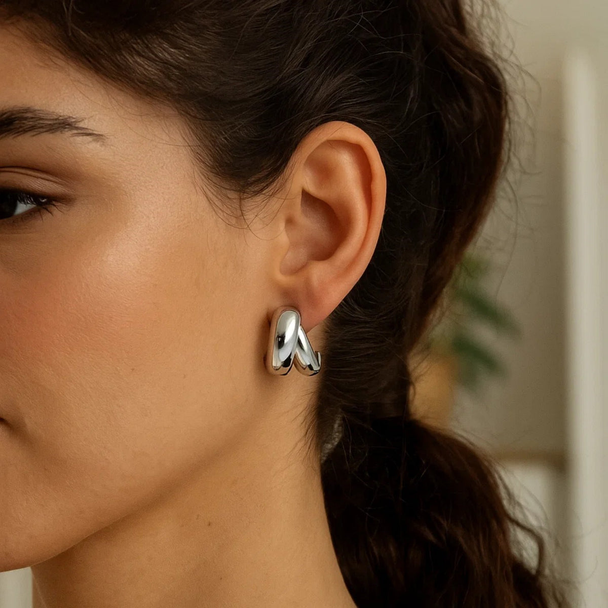 Puffed Double Row Crossover C-Hoop Earrings in Sterling Silver