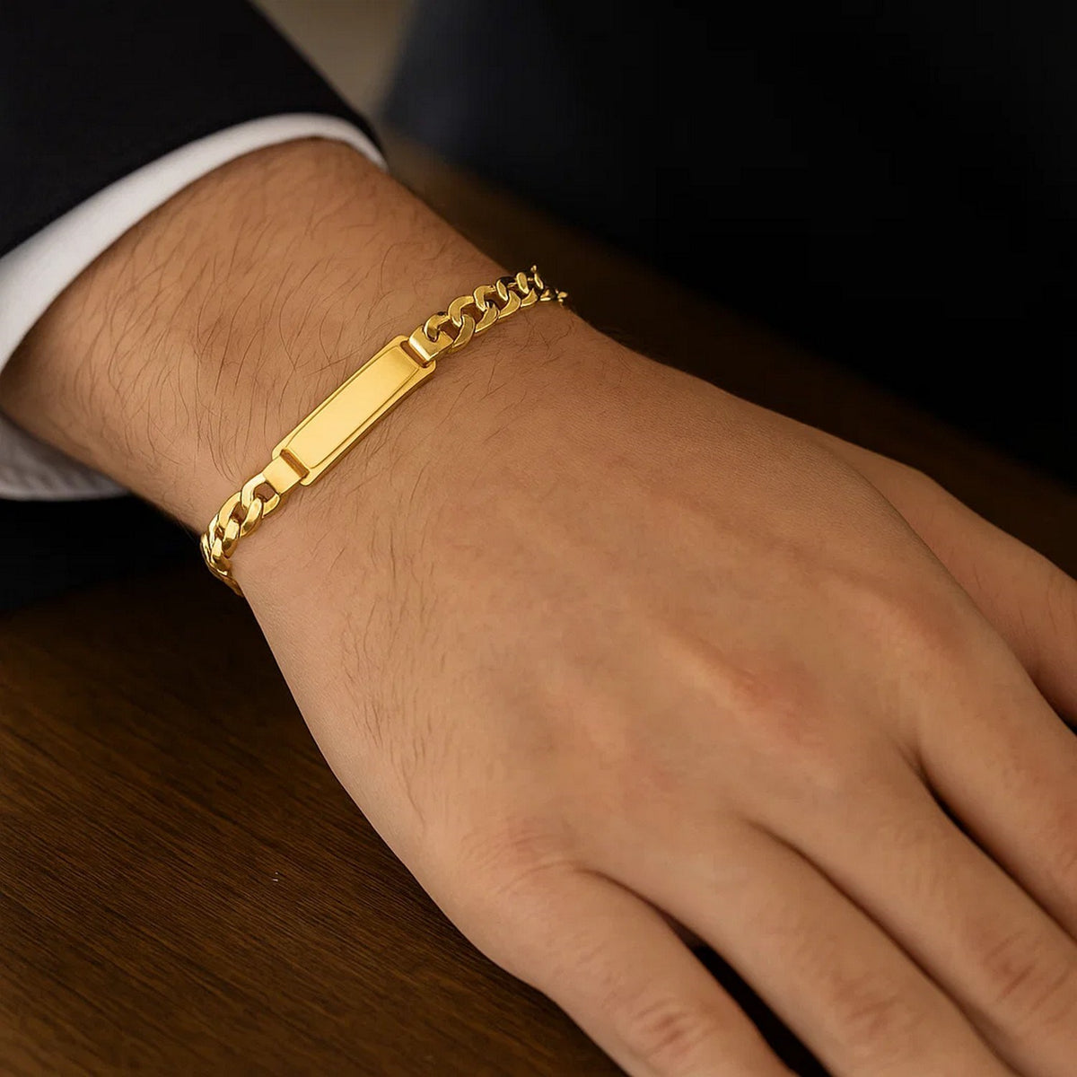 Men's Cuban Link ID Bracelet in 14K Yellow Gold, worn