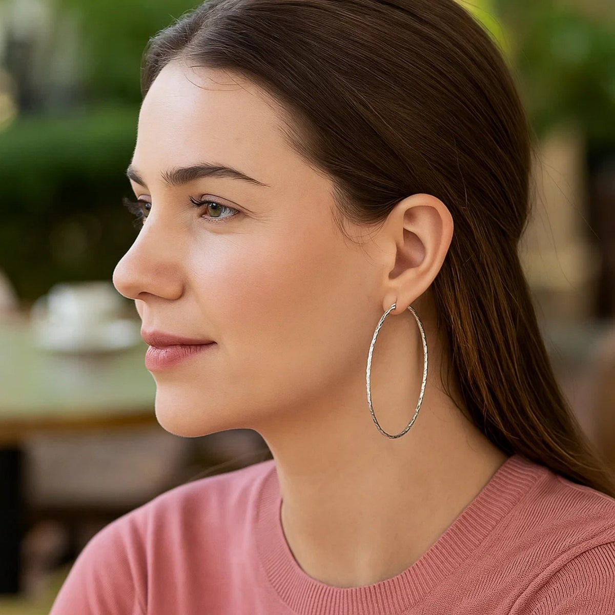 Large Textured Round Hoop Earrings in Sterling Silver (1.6x70mm)