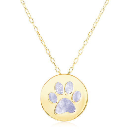 Mother of Pearl Paw Print Disc Necklace in 14K Yellow Gold