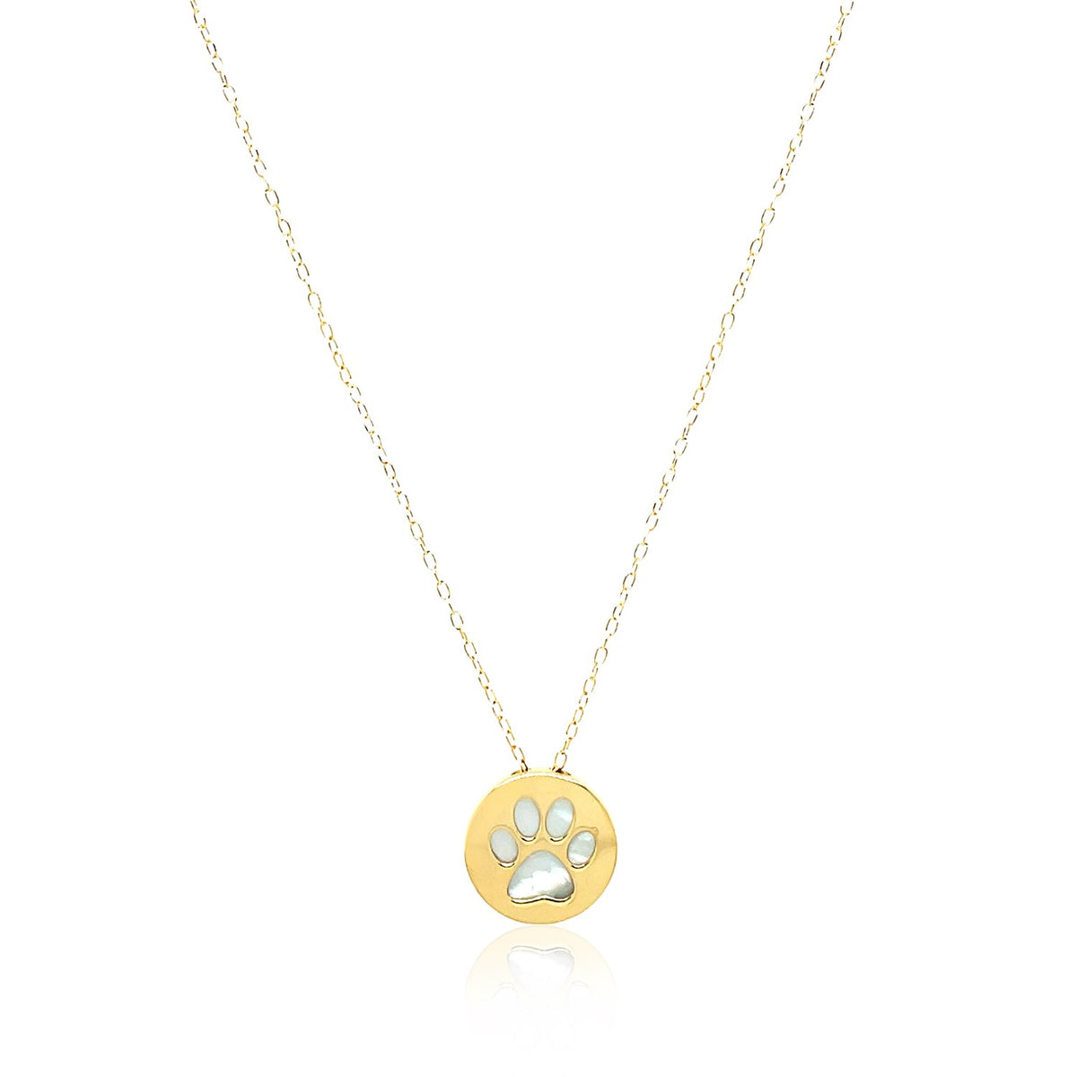 Mother of Pearl Paw Print Disc Necklace in 14K Yellow Gold
