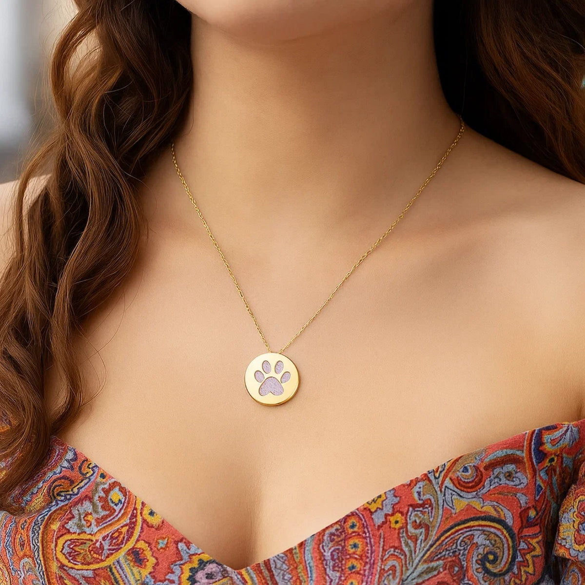 Mother of Pearl Paw Print Disc Necklace in 14K Yellow Gold, worn