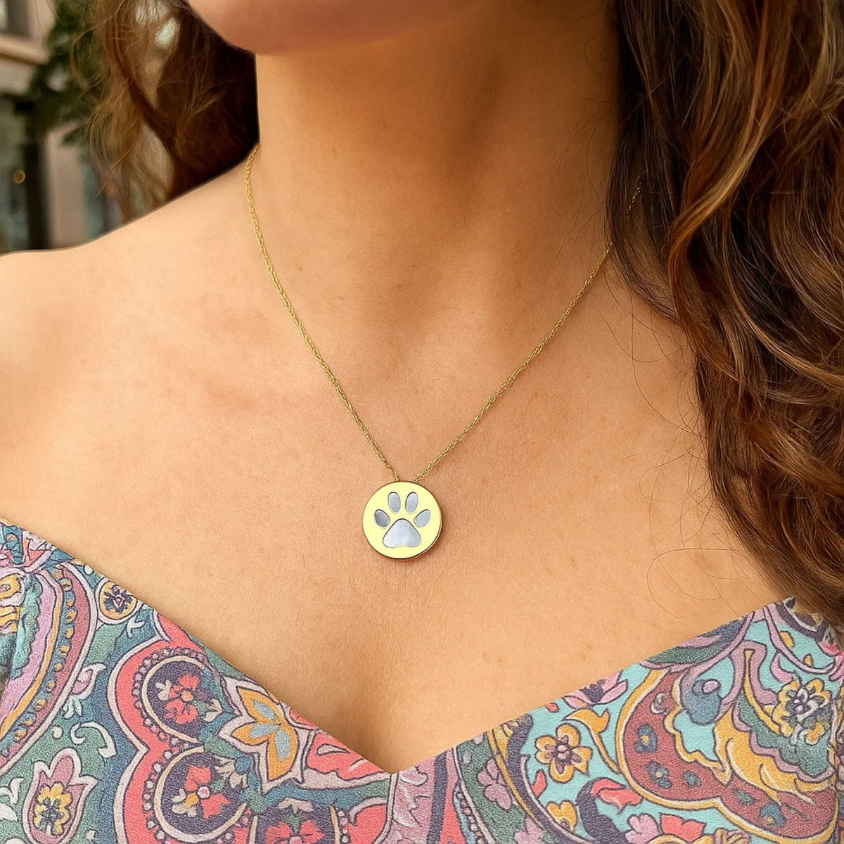 Mother of Pearl Paw Print Disc Necklace in 14K Yellow Gold, worn