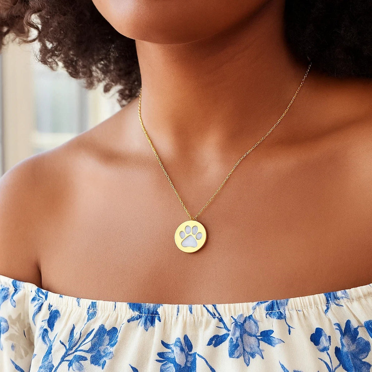 Mother of Pearl Paw Print Disc Necklace in 14K Yellow Gold, worn