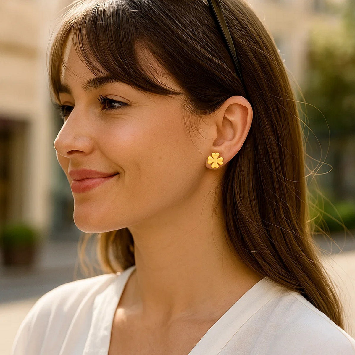 Four-Leaf Clover Stud Earrings in 14K Yellow Gold, worn