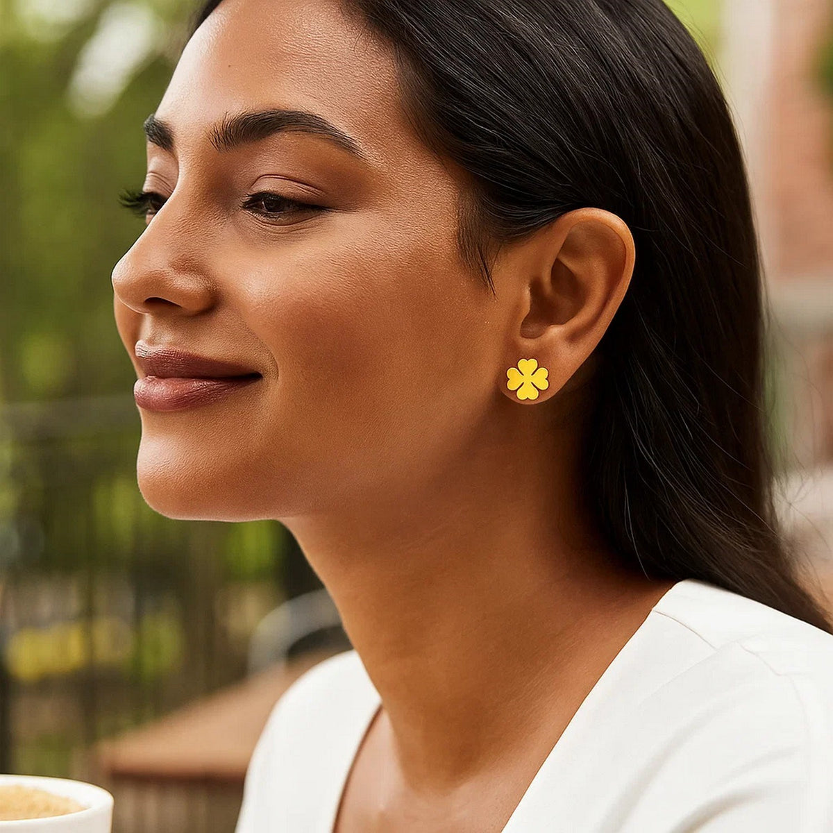 Four-Leaf Clover Stud Earrings in 14K Yellow Gold, worn