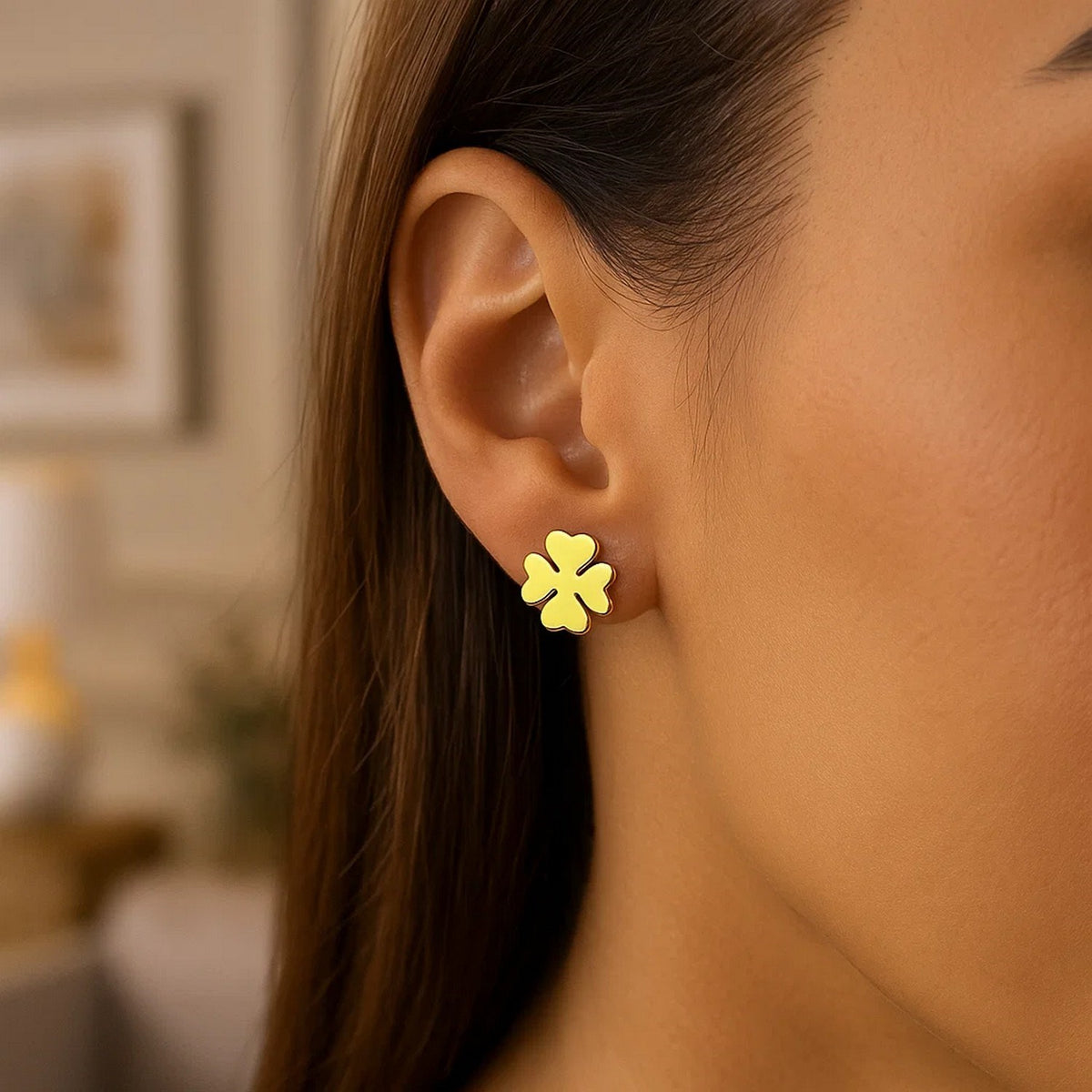 Four-Leaf Clover Stud Earrings in 14K Yellow Gold, worn