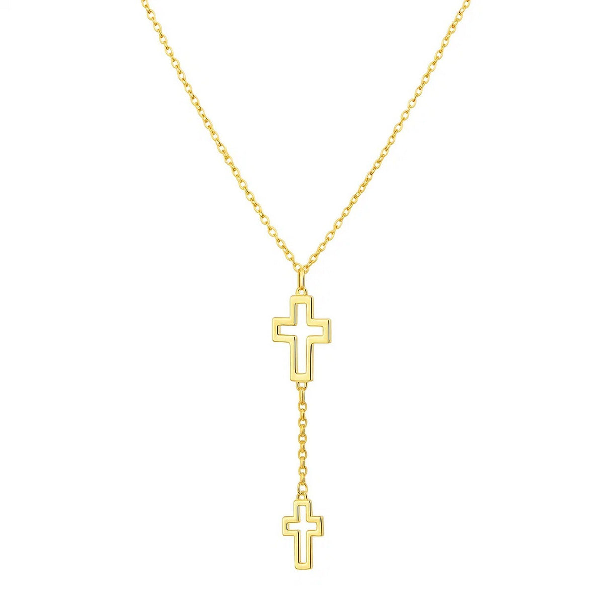 Double Open Cross Y Necklace in 14K Yellow Gold