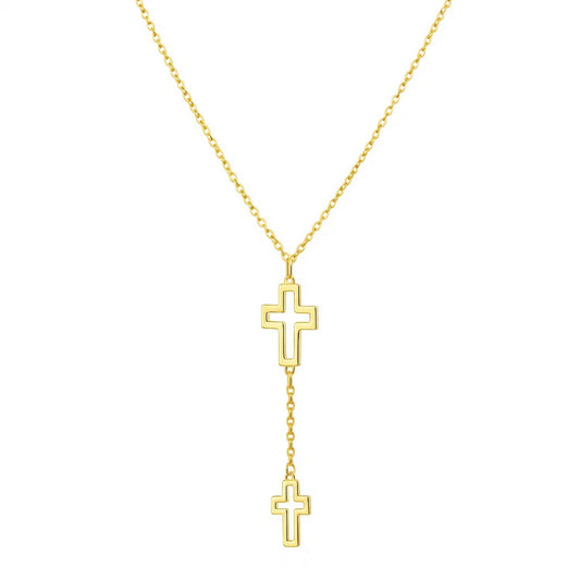 Double Open Cross Y Necklace in 14K Yellow Gold
