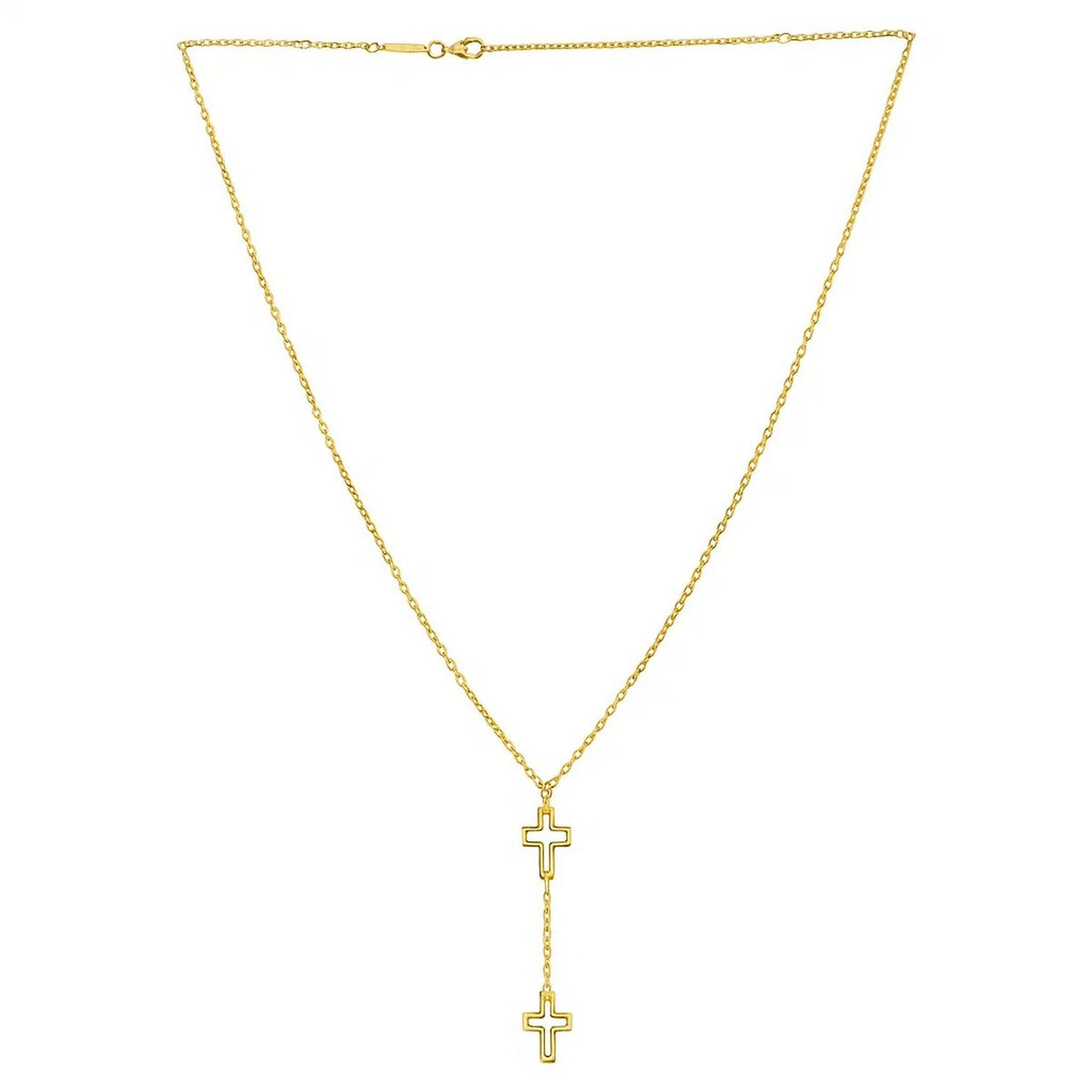 Double Open Cross Y Necklace in 14K Yellow Gold