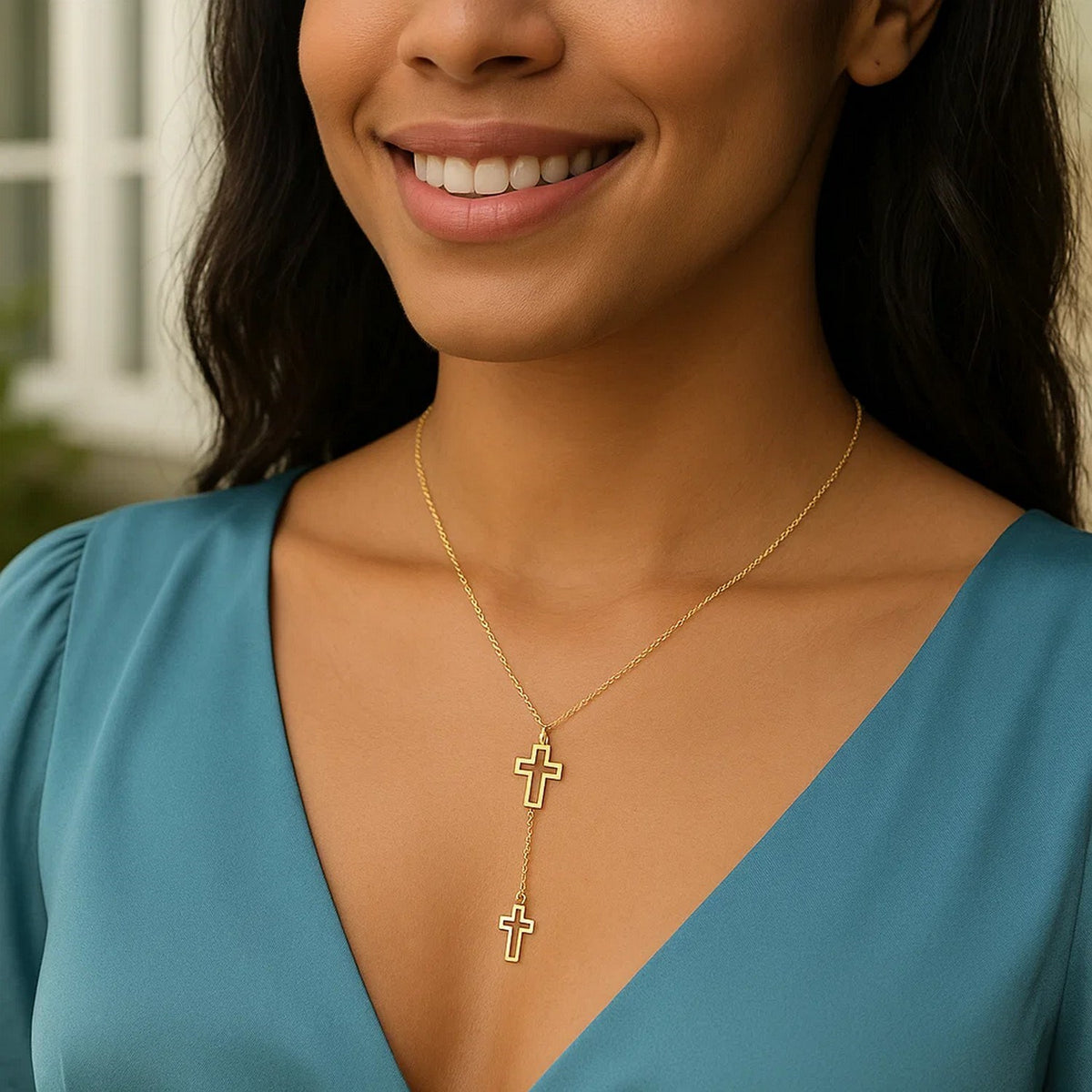 Double Open Cross Y Necklace in 14K Yellow Gold, worn