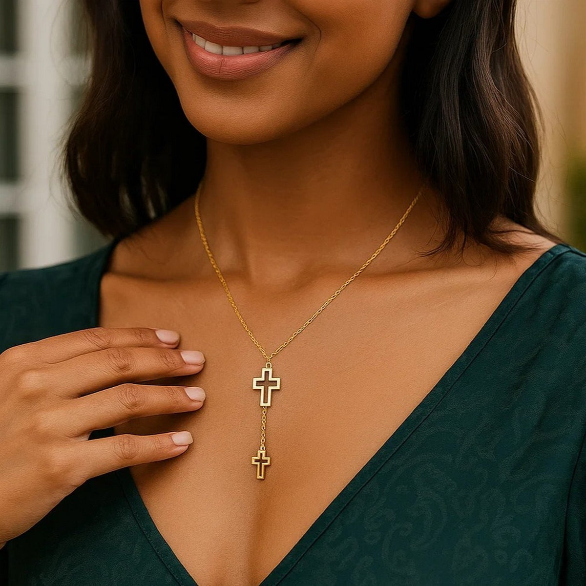 Double Open Cross Y Necklace in 14K Yellow Gold, worn