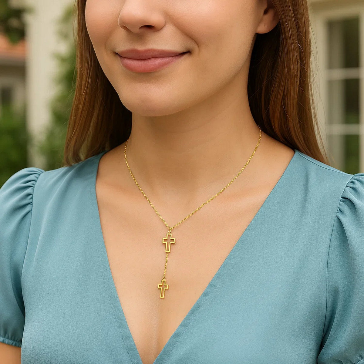 Double Open Cross Y Necklace in 14K Yellow Gold, worn