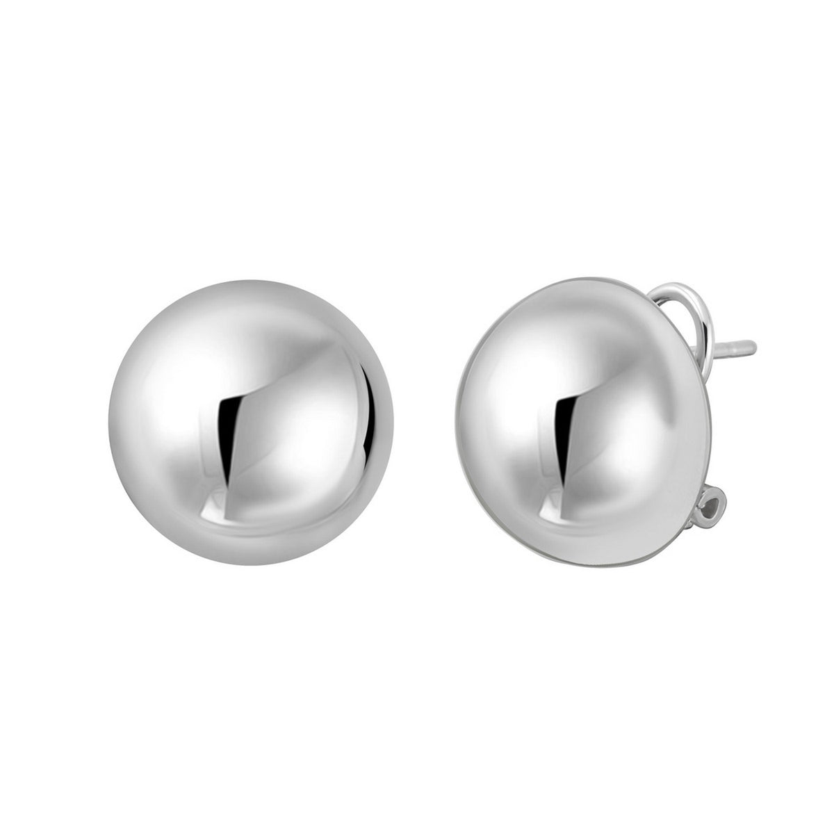 Puffed Button Omega Earrings in Rhodium-Plated Sterling Silver