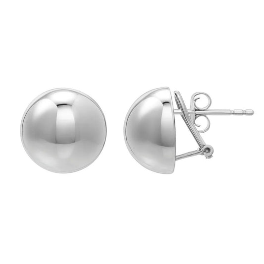 Puffed Button Omega Earrings in Rhodium-Plated Sterling Silver
