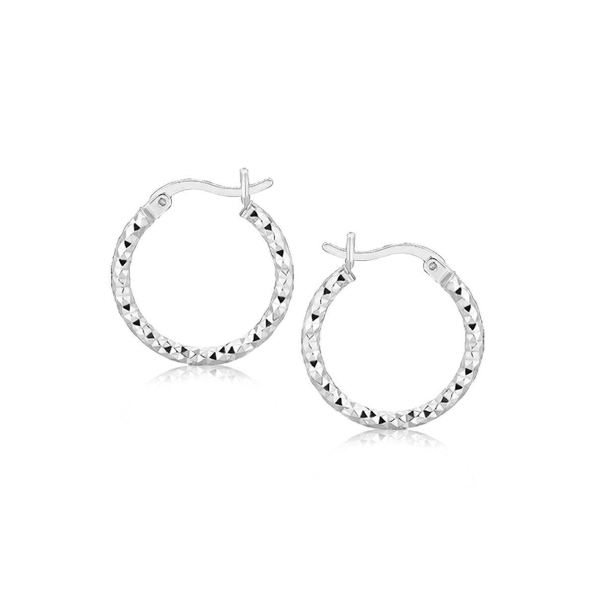 Faceted Design Hoop Earrings in Rhodium-Plated Silver (2x15mm)
