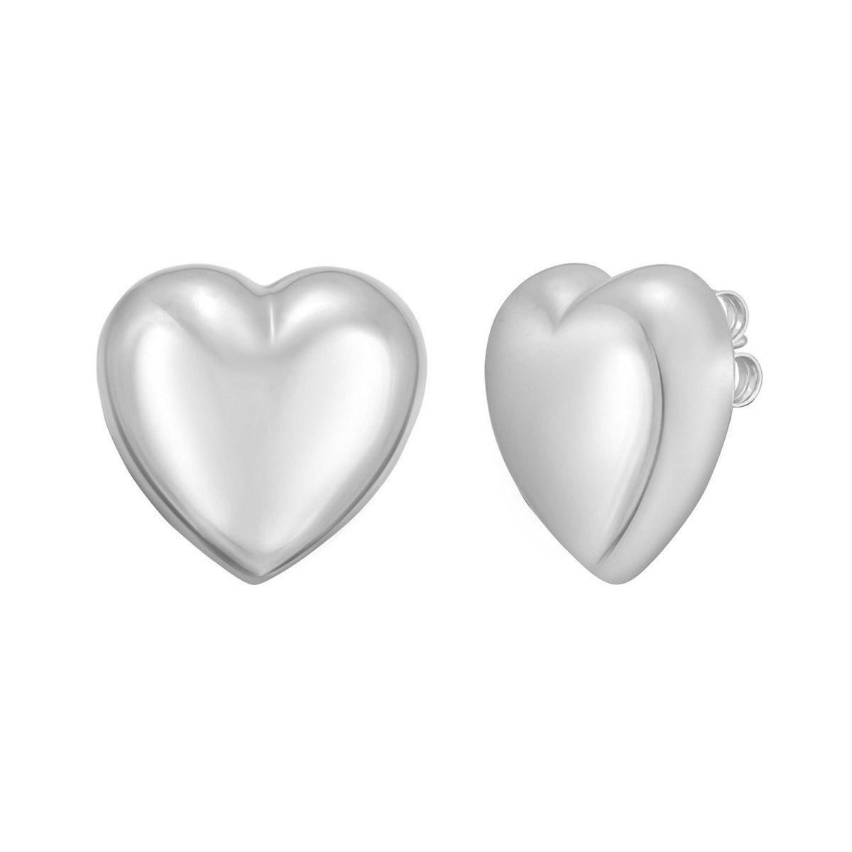 Puffed Large Heart Stud Earrings in Rhodium-Plated Silver