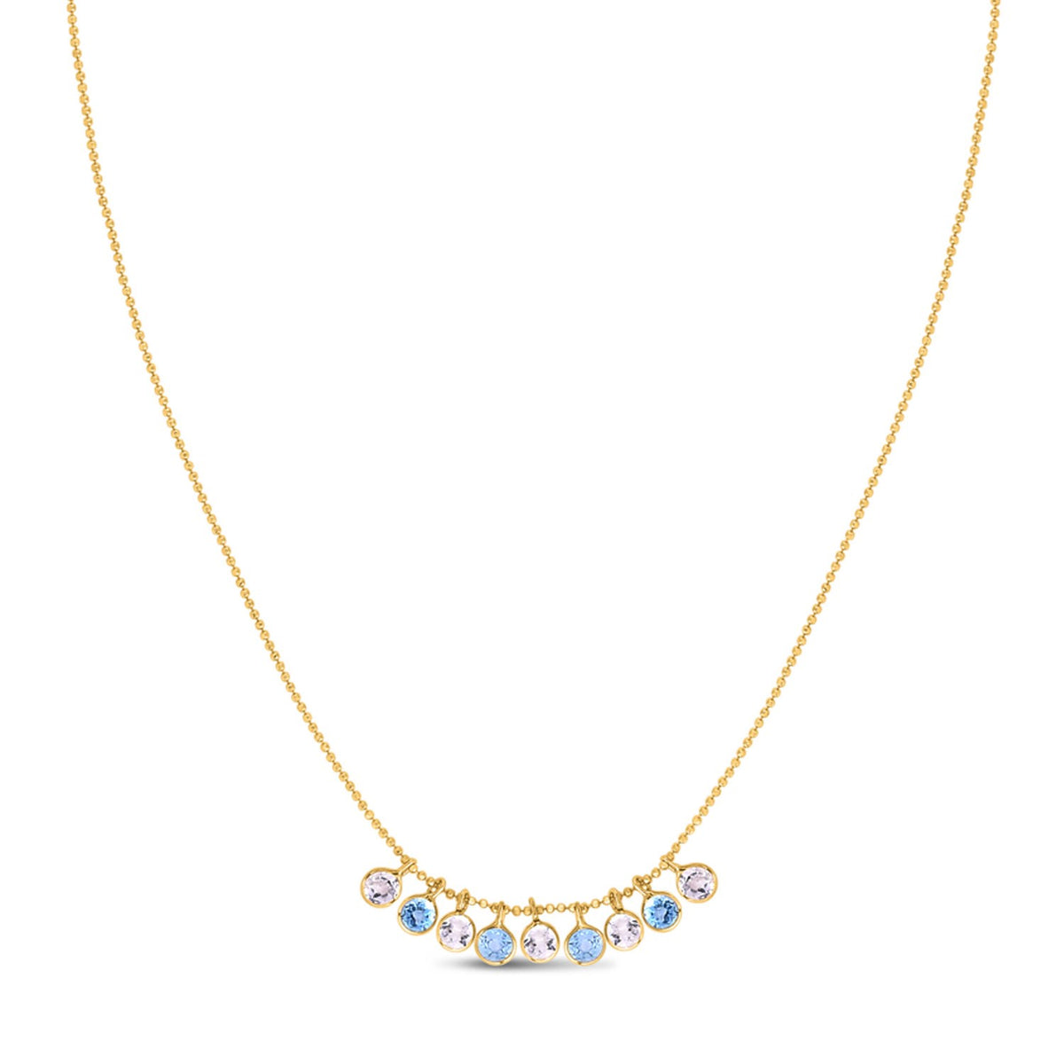 Blue and White Topaz Dancing Drop Necklace in 14K Yellow Gold