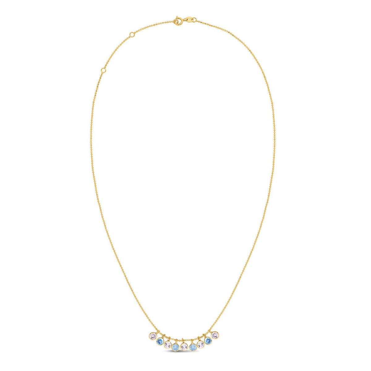 Blue and White Topaz Dancing Drop Necklace in 14K Yellow Gold