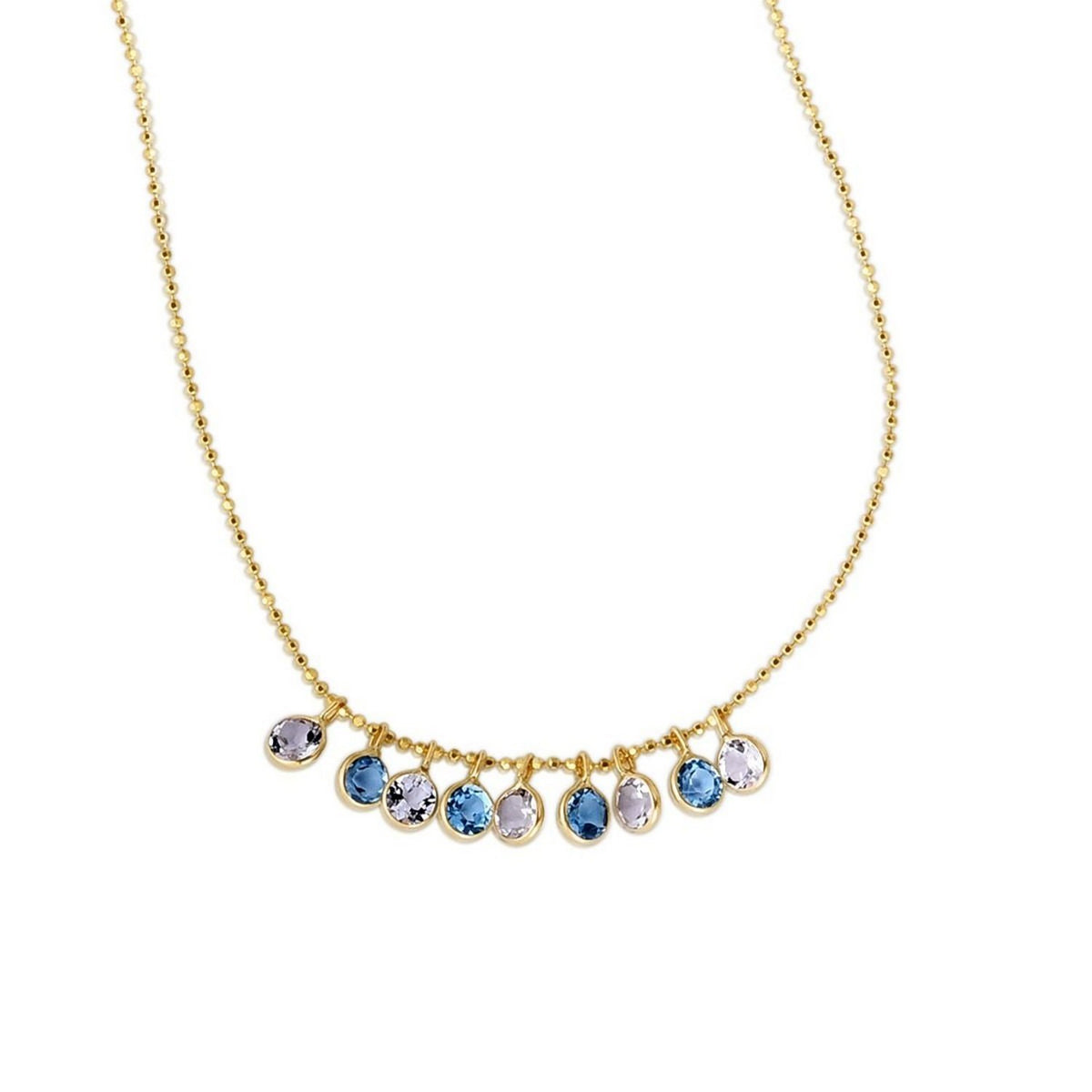 Blue and White Topaz Dancing Drop Necklace in 14K Yellow Gold