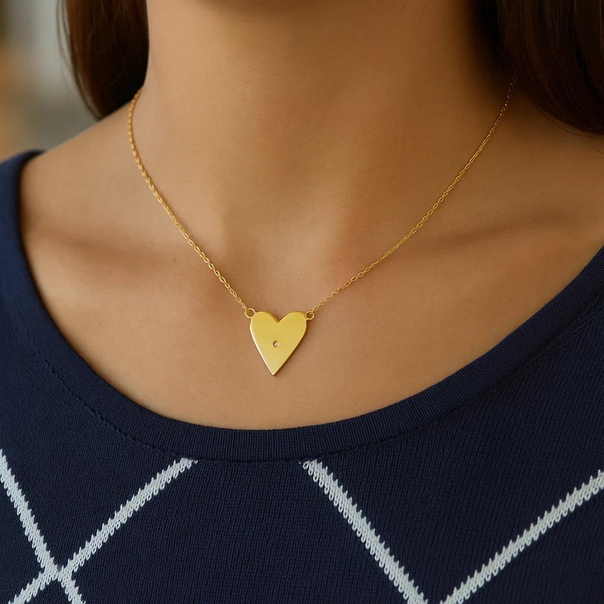 Elongated Heart Diamond Necklace in 14K Yellow Gold, worn