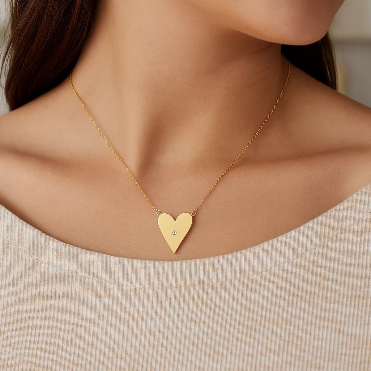 Elongated Heart Diamond Necklace in 14K Yellow Gold, worn