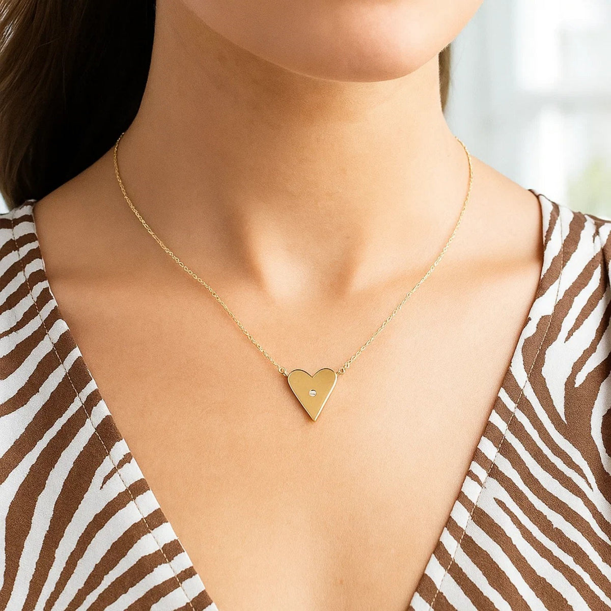 Elongated Heart Diamond Necklace in 14K Yellow Gold, worn