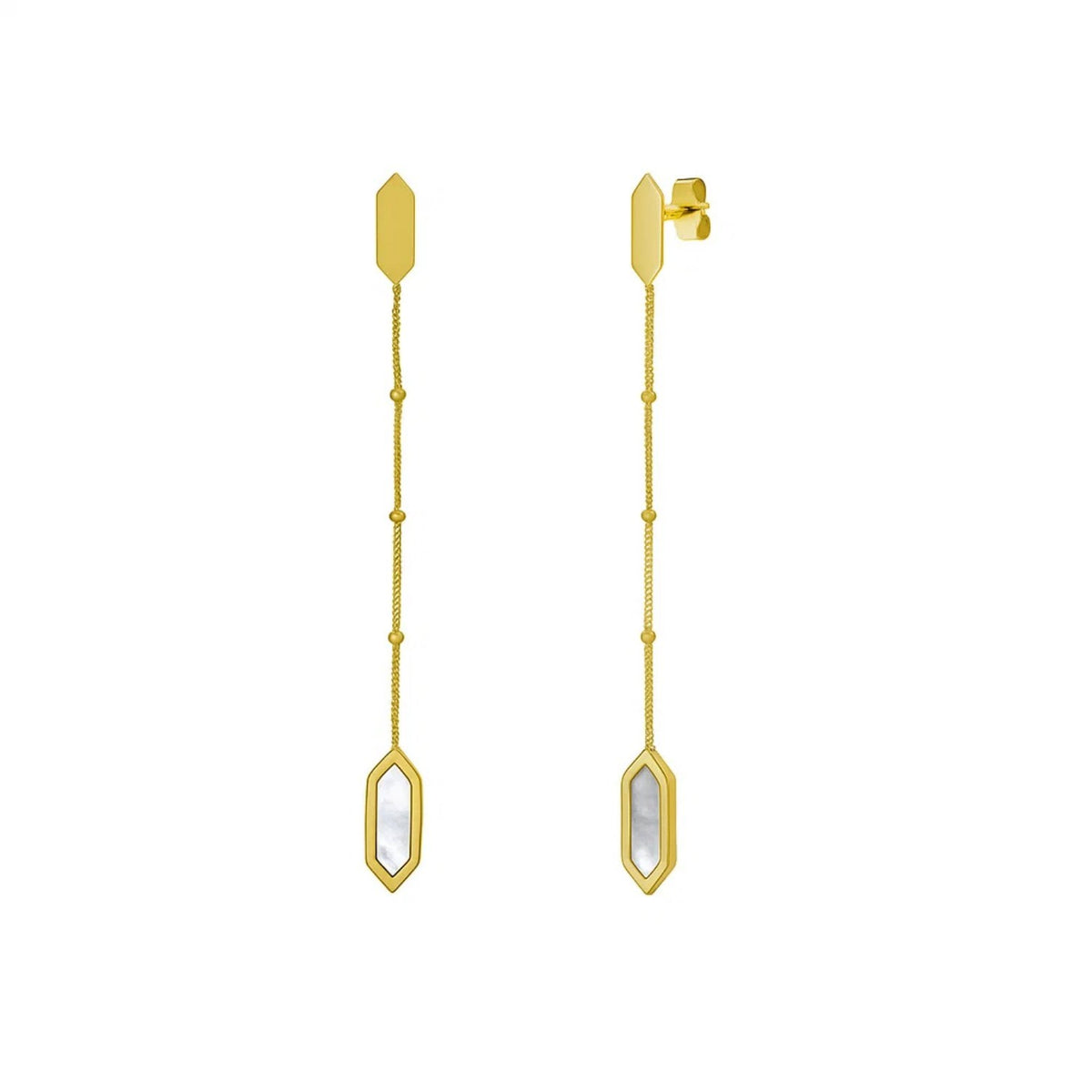 Hexagon Mother of Pearl Chain Drop Earrings in 14K Yellow Gold