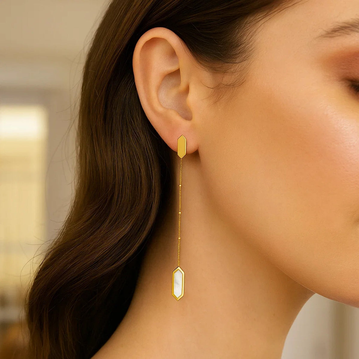 Hexagon Mother of Pearl Chain Drop Earrings in 14K Yellow Gold, worn