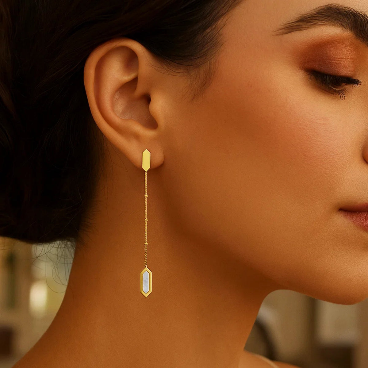 Hexagon Mother of Pearl Chain Drop Earrings in 14K Yellow Gold, worn