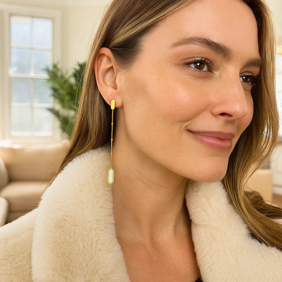 Hexagon Mother of Pearl Chain Drop Earrings in 14K Yellow Gold, worn