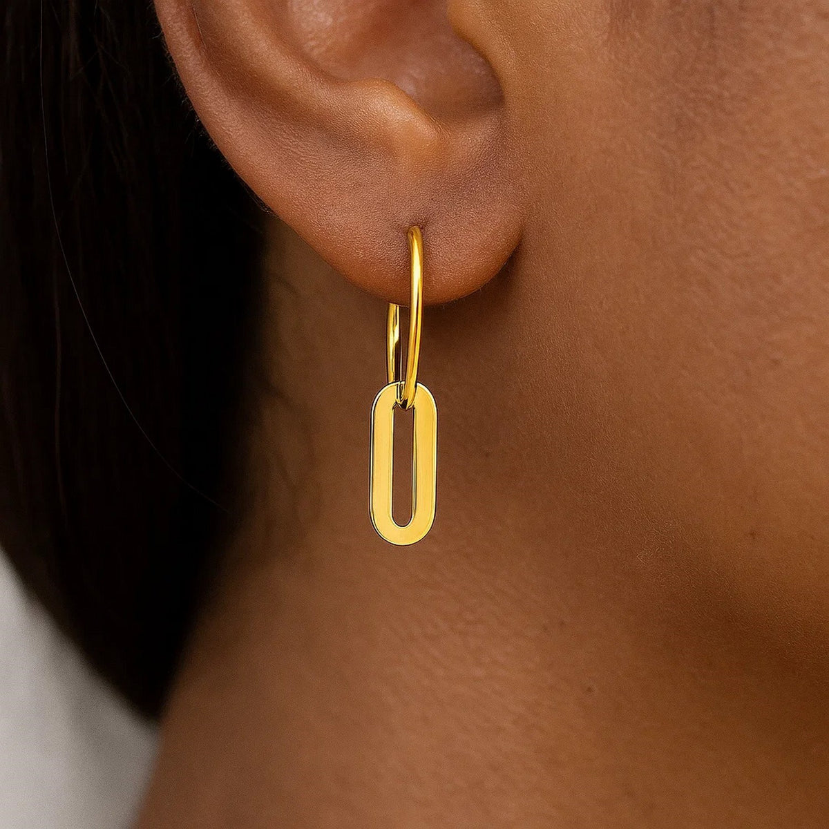 Paperclip Link Huggie Drop Earrings in 14K Yellow Gold, worn