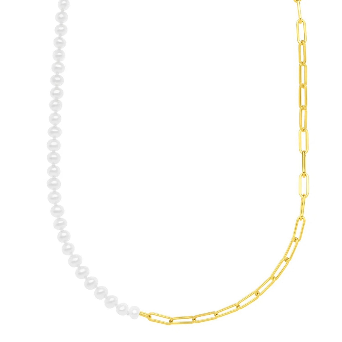 Half Pearl Half Paperclip Necklace in 14K Yellow Gold