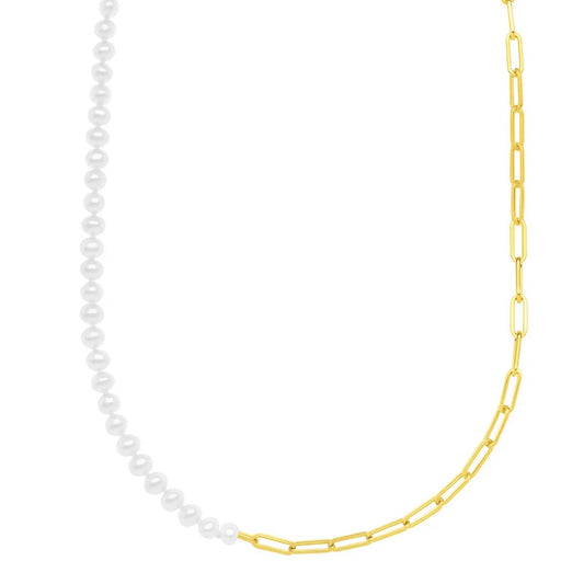 Half Pearl Half Paperclip Necklace in 14K Yellow Gold