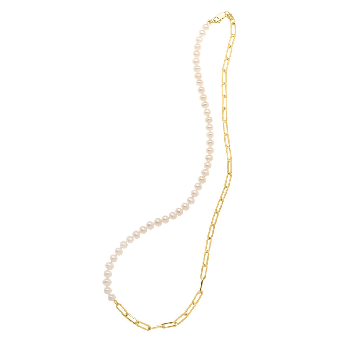 Half Pearl Half Paperclip Necklace in 14K Yellow Gold