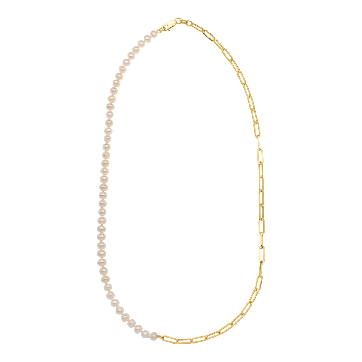 Half Pearl Half Paperclip Necklace in 14K Yellow Gold