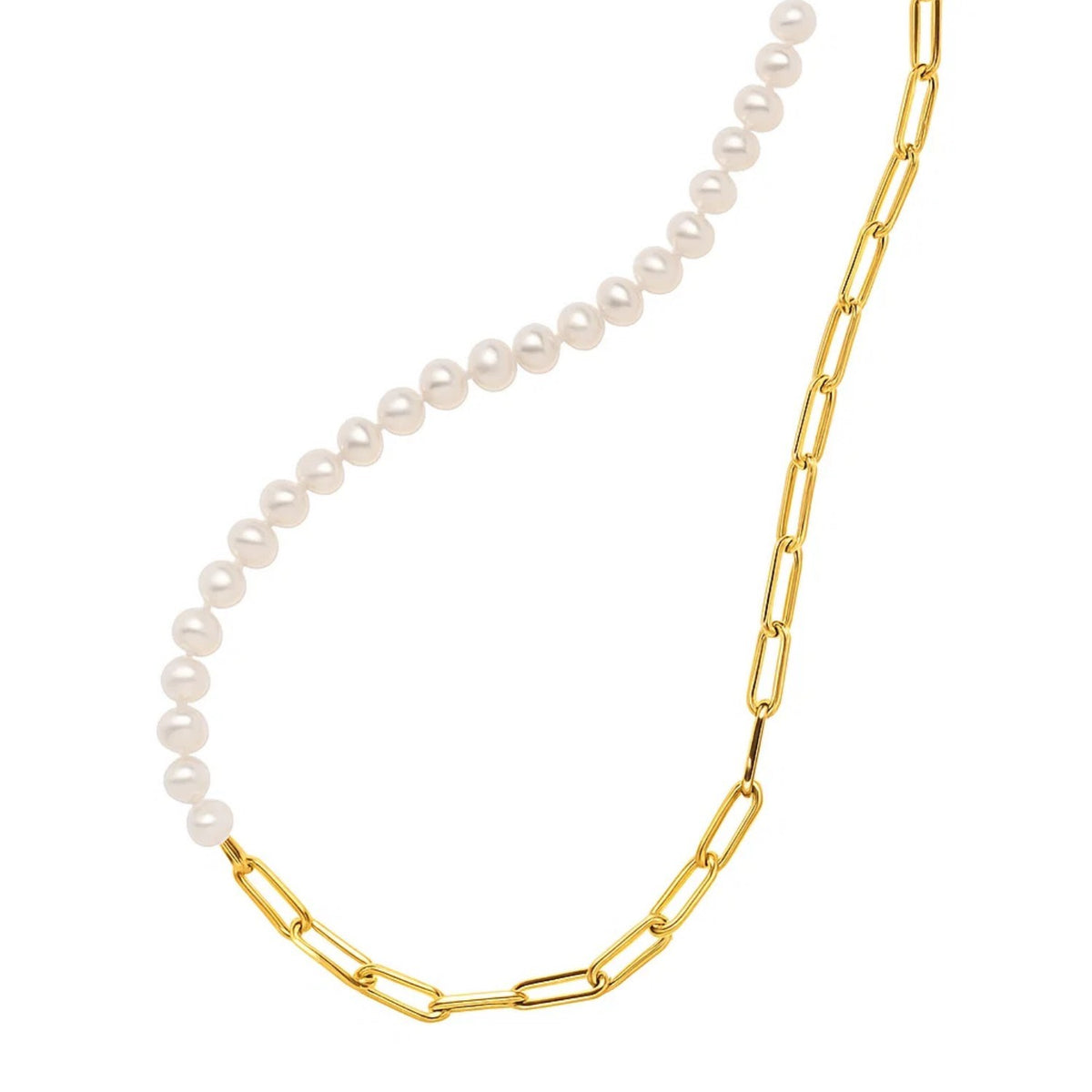 Half Pearl Half Paperclip Necklace in 14K Yellow Gold