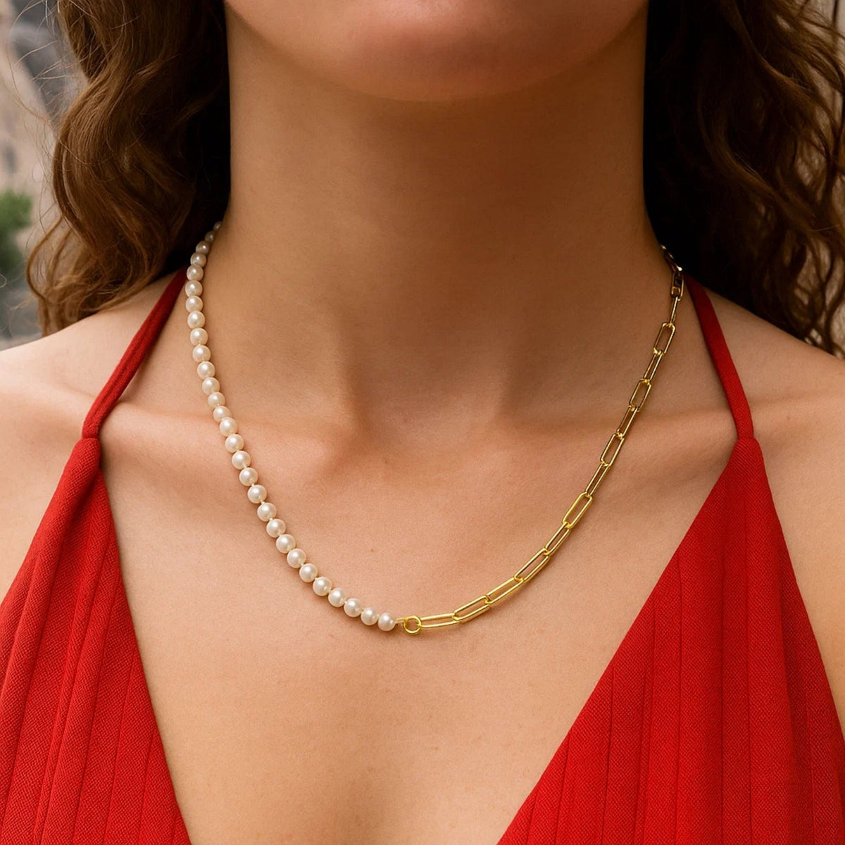 Half Pearl Half Paperclip Necklace in 14K Yellow Gold, worn