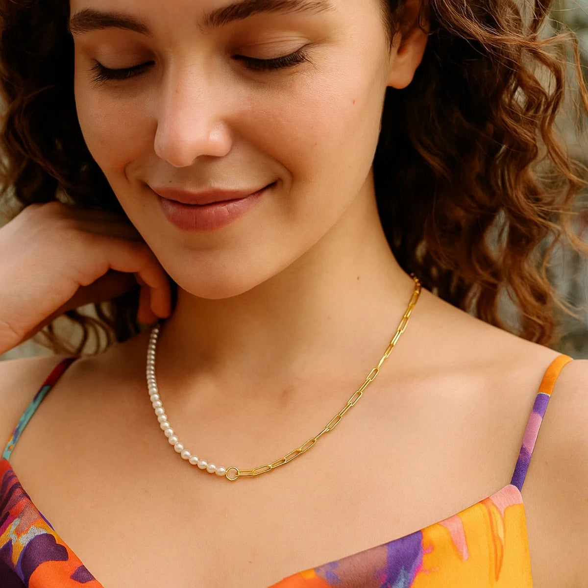 Half Pearl Half Paperclip Necklace in 14K Yellow Gold, worn