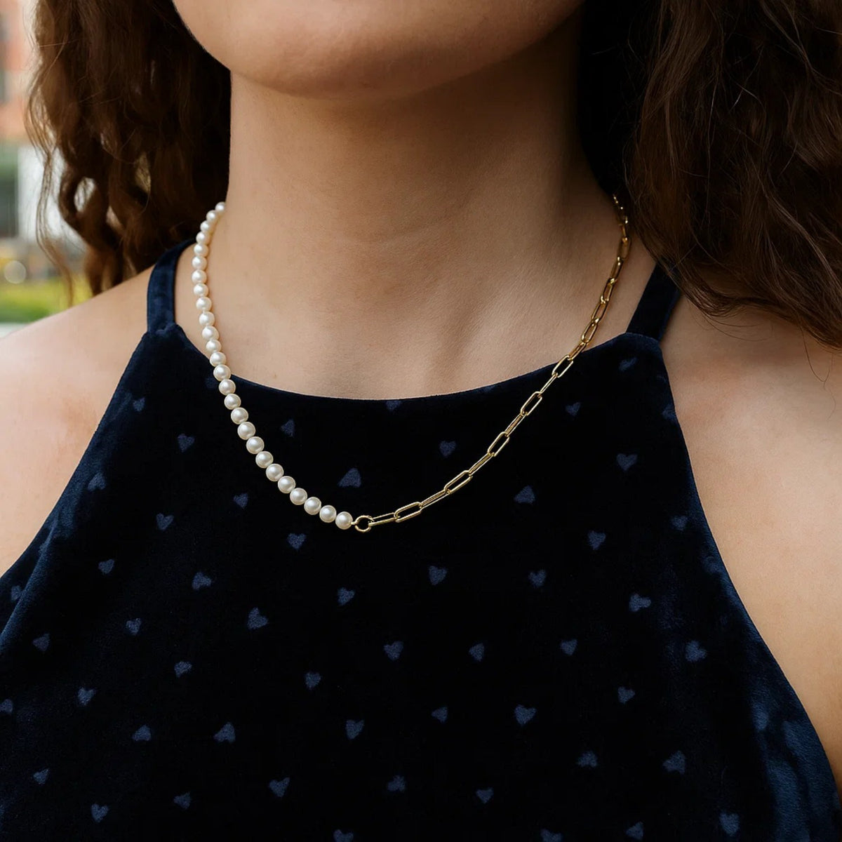 Half Pearl Half Paperclip Necklace in 14K Yellow Gold, worn