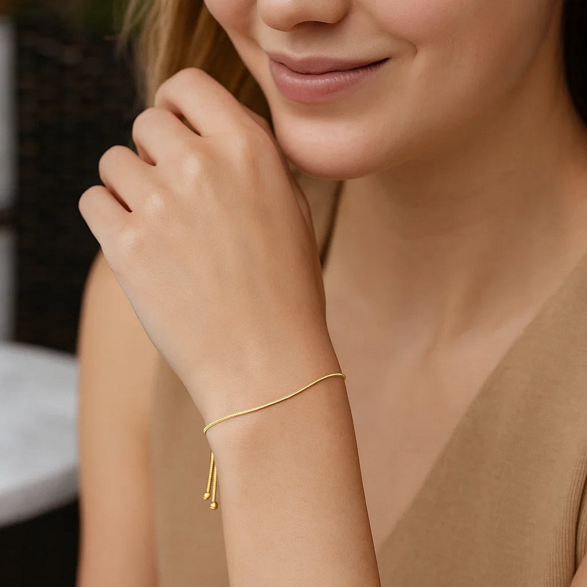 Adjustable Heart Bolo Bracelet in 14K Yellow Gold, worn