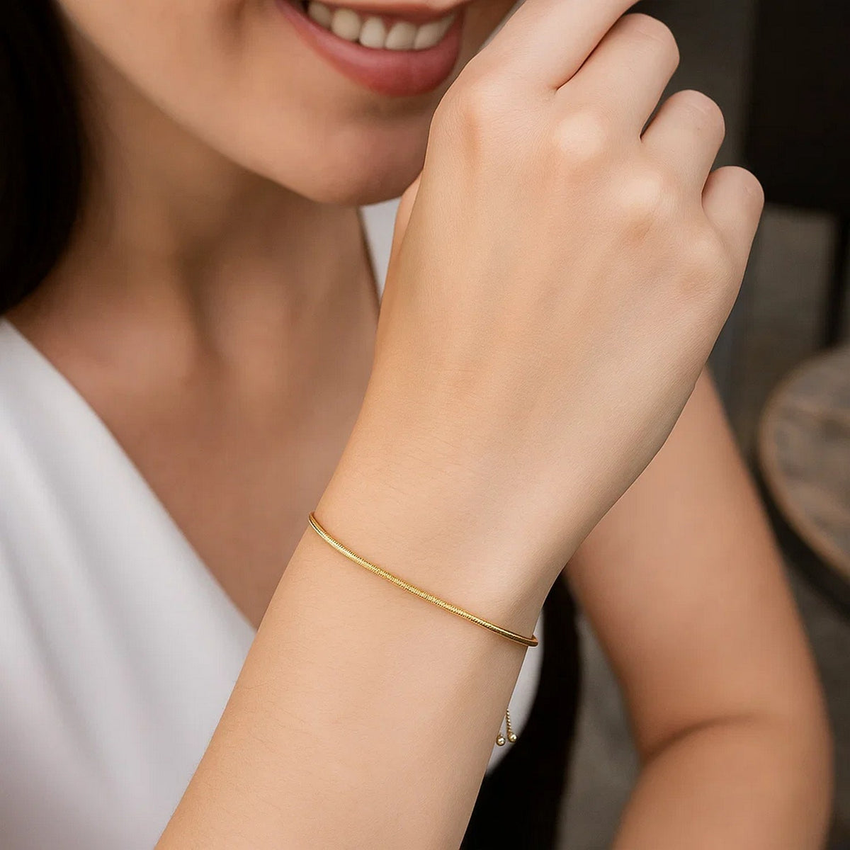Adjustable Heart Bolo Bracelet in 14K Yellow Gold, worn